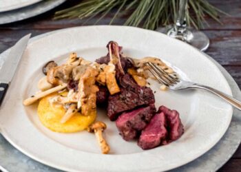 Spezzatino di cervo con salsa ai frutti di bosco e polenta grigliata